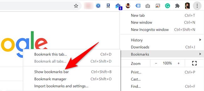Click the three dots at the top-right corner and select Bookmarks>הצג את סרגל הסימניות ב-Chrome.
