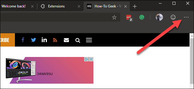 Browser Edge con freccia che punta a tre punti orizzontali