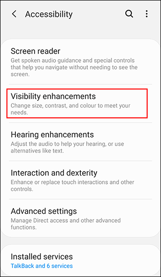 Tocca Miglioramenti visibilità nel menu Accessibilità Android