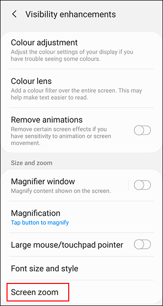Tocca Zoom schermo nel menu Miglioramenti visibilità Android