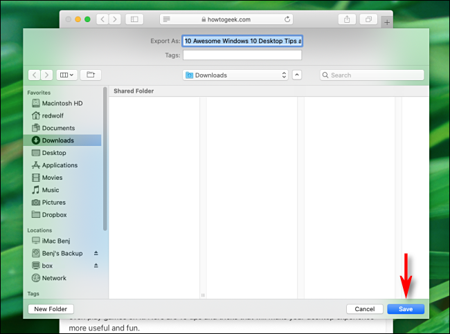 Επιλέξτε μια τοποθεσία αποθήκευσης για το PDF στο Safari σε Mac