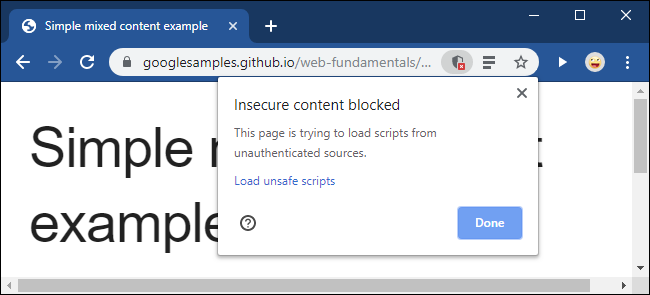 Il messaggio di contenuto non protetto bloccato in Google Chrome.
