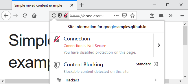 La connessione non è sicura avviso dopo aver sbloccato il contenuto misto in Firefox.