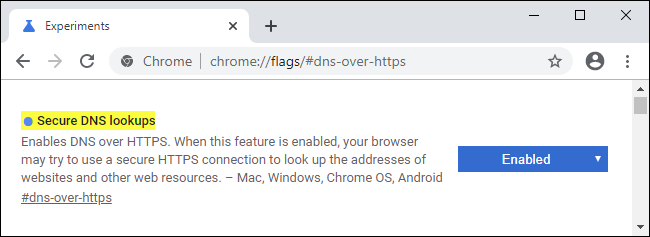 Drošas DNS uzmeklēšanas karodziņš pārlūkā Chrome 79.