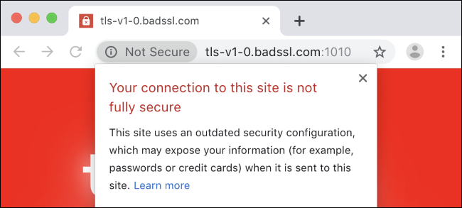 Chrome TLS 1.0 drošības brīdinājums.