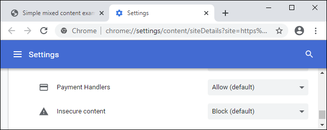 Nedroša satura opcija pārlūkā Chrome, lai atļautu jauktu saturu vietnei.