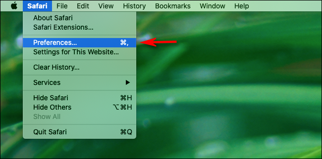 Щракнете върху Предпочитания в менюто на Safari на Mac