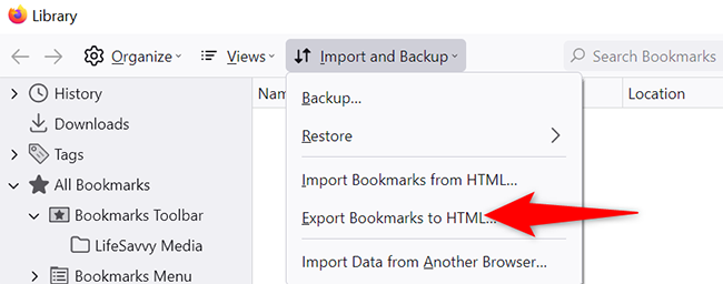 Select Import and Backup>Izvozite zaznamke v HTML na 