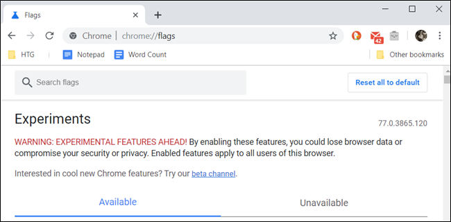 Página web de Chrome Flags.