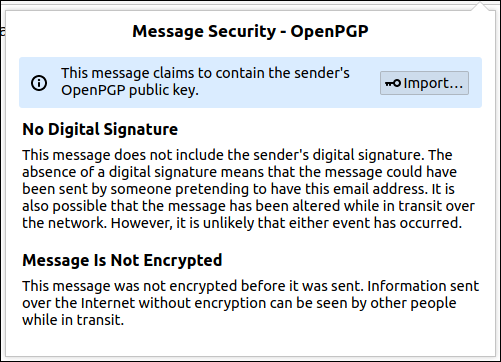Finestra di dialogo di sicurezza del messaggio OpenPGP