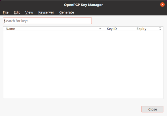 Caseta de dialog OpenPGP Key Manager