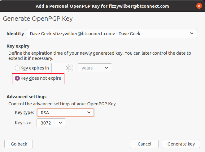 Диалоговият прозорец с опции за генериране на OpenPGP ключ