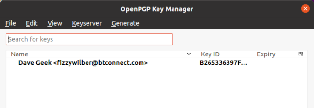 Nuova voce chiave in OpenPGP Key Manager