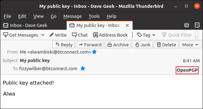 Имейл с прикачен публичен ключ, показващ бутона OpenPGP