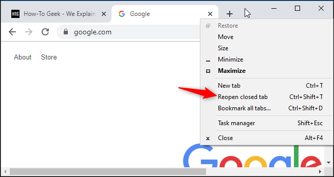 إعادة فتح علامة تبويب مغلقة في Chrome.