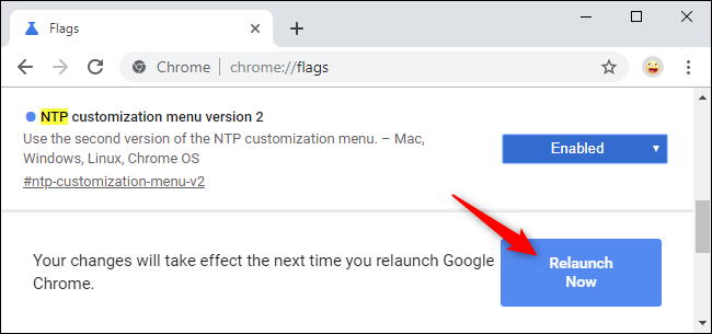 Rilancio di Chrome dopo aver abilitato il nuovo menu di personalizzazione NTP.
