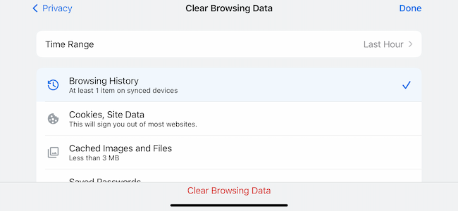 Cancella il menu delle impostazioni dei dati di navigazione in Google Chrome per iPhone