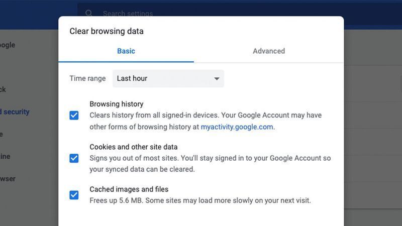 Cancella il menu delle impostazioni dei dati di navigazione in Google Chrome