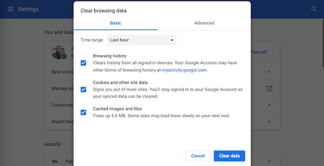 Cancella il menu delle impostazioni dei dati di navigazione in Google Chrome per desktop