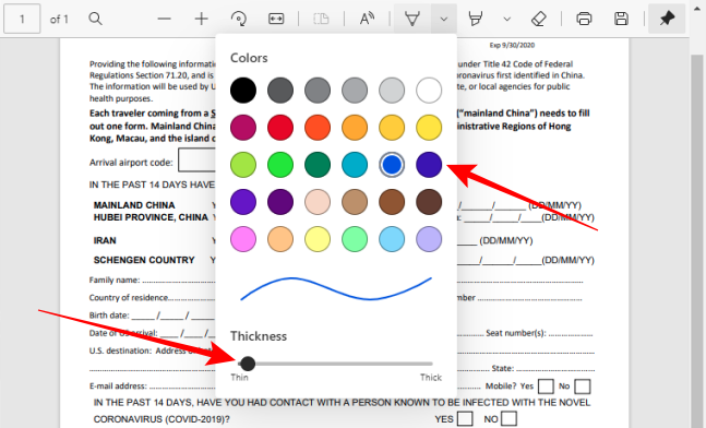Elija el color y ajuste el grosor de la herramienta de lápiz en la barra de herramientas PDF en Edge