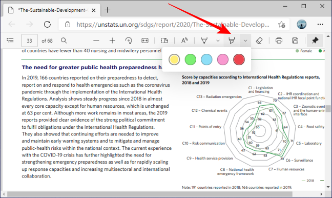 Resalte las opciones de color de la herramienta en la barra de herramientas PDF en Microsoft Edge