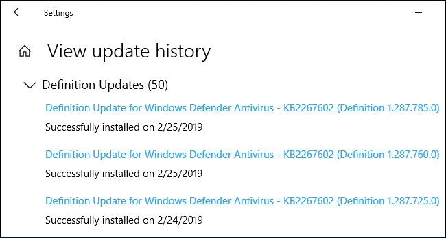 Atjauninājumu vēsture, kas parāda ļaunprātīgas programmatūras definīcijas atjauninājumus operētājsistēmā Windows 10