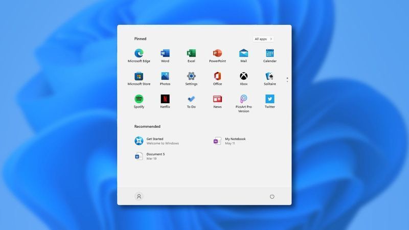Windows 11:n esikatselu Käynnistä-valikko