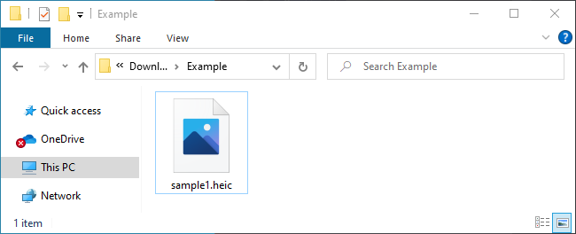 Fail HEIC dipaparkan tanpa lakaran kecil dalam File Explorer pada Windows 10.