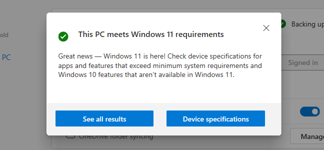 Η εφαρμογή PC Health Check που λέει ότι ένας υπολογιστής πληροί τα Windows 11