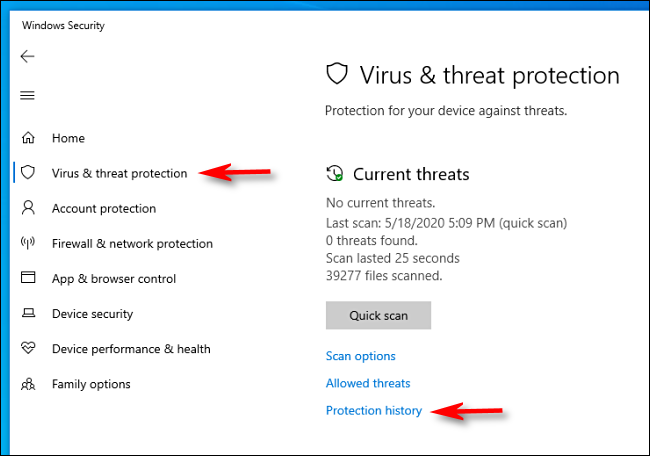 Noklikšķiniet uz Aizsardzības vēsture Windows drošībā operētājsistēmā Windows 10