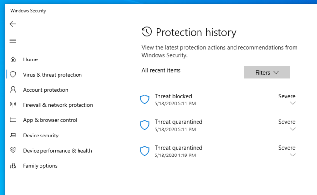 Aizsardzības vēstures saraksts Windows drošībā operētājsistēmā Windows 10