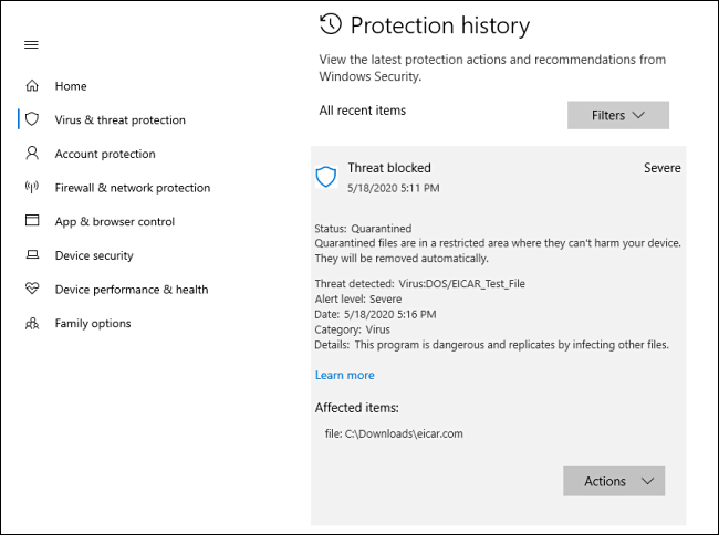 Una vista dettagliata di una minaccia nella cronologia della protezione su Windows 10