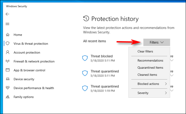 Operētājsistēmā Windows 10 sadaļā Aizsardzības vēsture noklikšķiniet uz filtriem