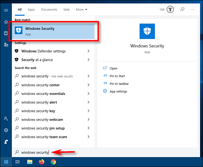 Avvia Windows Security dal menu Start in Windows 10