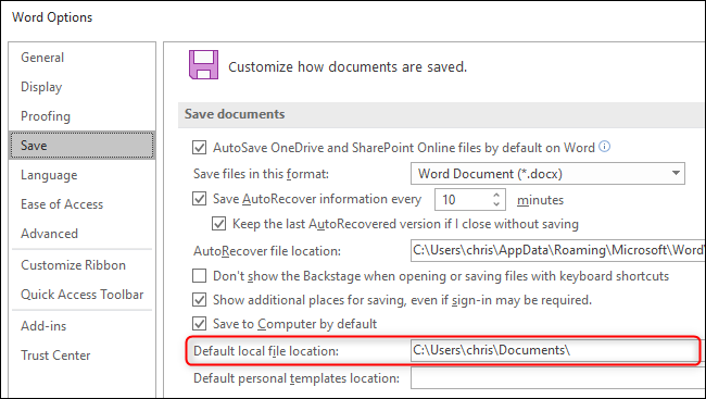 Memilih folder simpan lalai untuk dokumen dalam Microsoft Word.