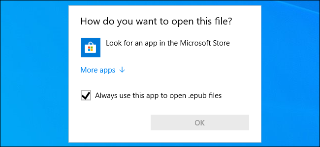 EPUB atidarymo raginimas sistemoje „Windows 10“.