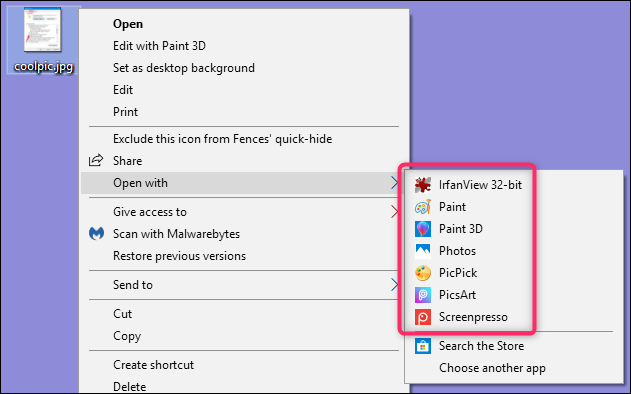 Opciones en Windows para abrir un tipo de programa