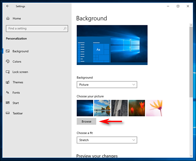 Klicken Sie auf Durchsuchen, um ein Desktop-Hintergrundbild in Windows 10 auszuwählen