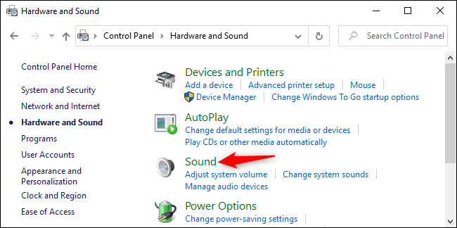 فتح خيارات الصوت في Windows 10