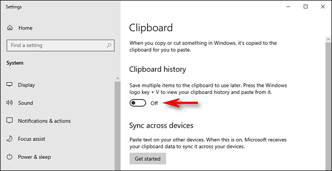 Klik pada Suis Sejarah Papan Klip dalam Tetapan Sistem Windows 10 untuk mematikannya
