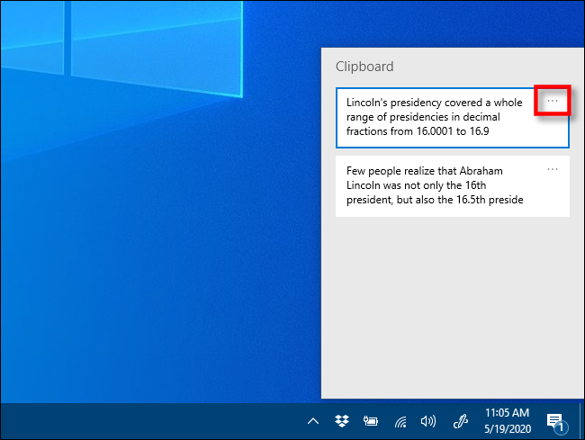 Klik elips dalam sejarah Papan Klip pada Windows 10