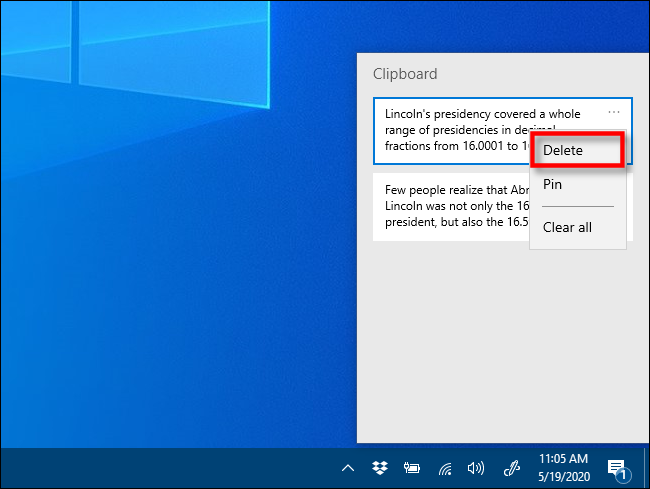 Klik Padam dalam sejarah papan klip pada Windows 10