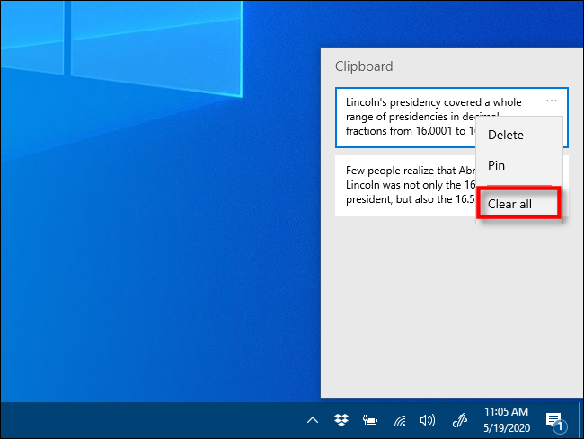 Klik kosongkan semua dalam sejarah Papan Klip pada Windows 10