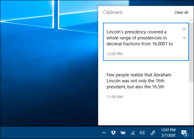 Tetingkap sejarah papan klip dalam Windows 10