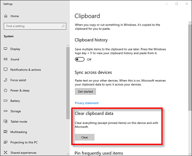 Klik Kosongkan untuk mengosongkan data papan keratan dalam Windows 10