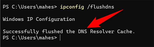 تم مسح ذاكرة التخزين المؤقت لـ DNS باستخدام Windows Terminal.