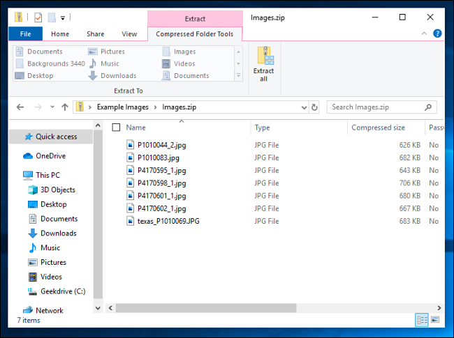 Списък с компресирани файлове в Windows 10.