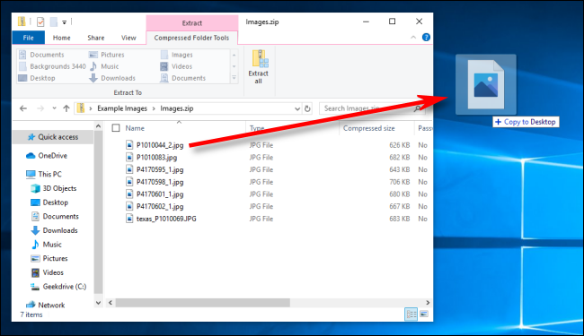 Trascinamento di un file da un file Zip in Windows 10.