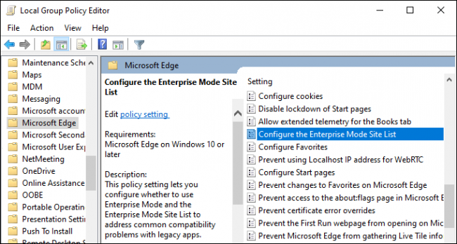 Uzņēmuma režīma vietņu saraksta konfigurēšana operētājsistēmā Windows 10.