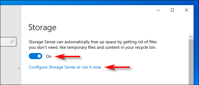Щракнете върху превключвателя, за да включите Storage Sense в настройките на Windows 10